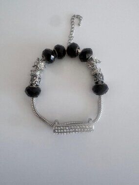 Black Crystal Beaded Rhinestone Bar Bracelet Silver Snake Chain Statement